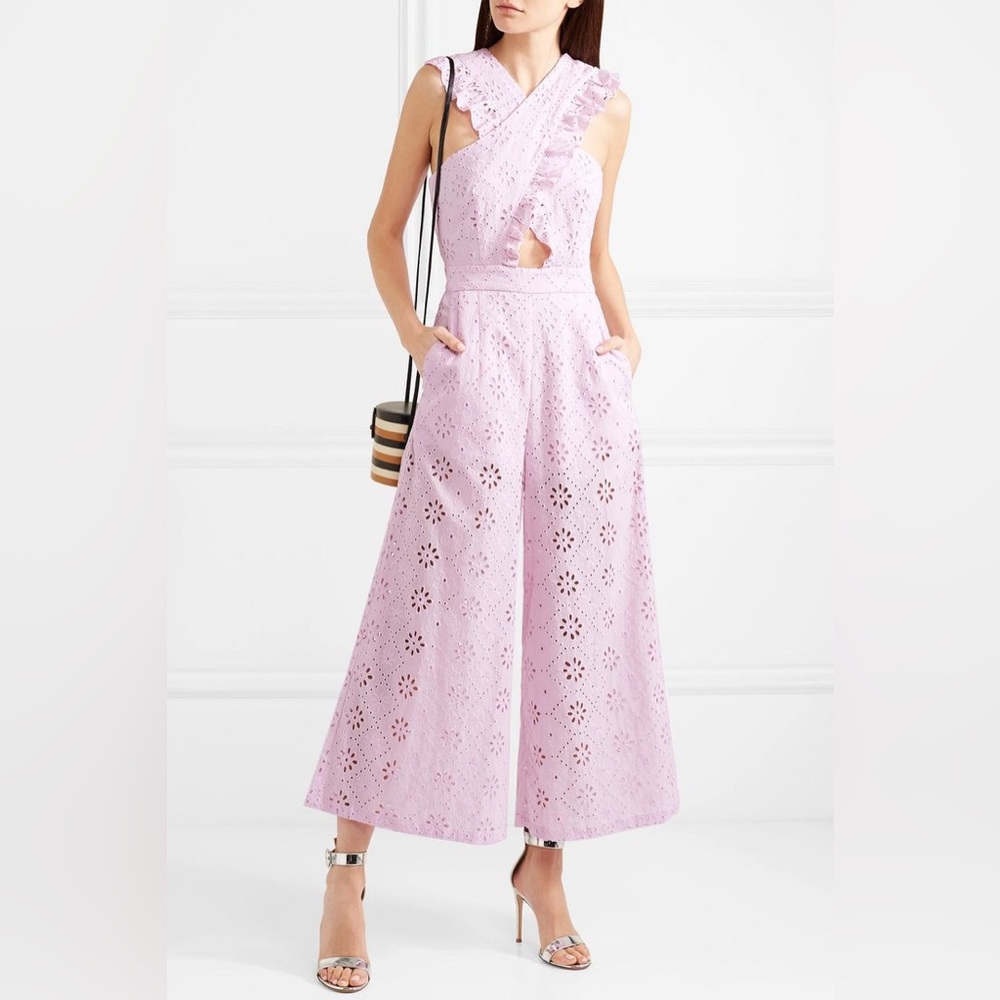 Alice McCall eyelet Ruffled cropped Jumpsuit lilac purple size 4 NWT feminine